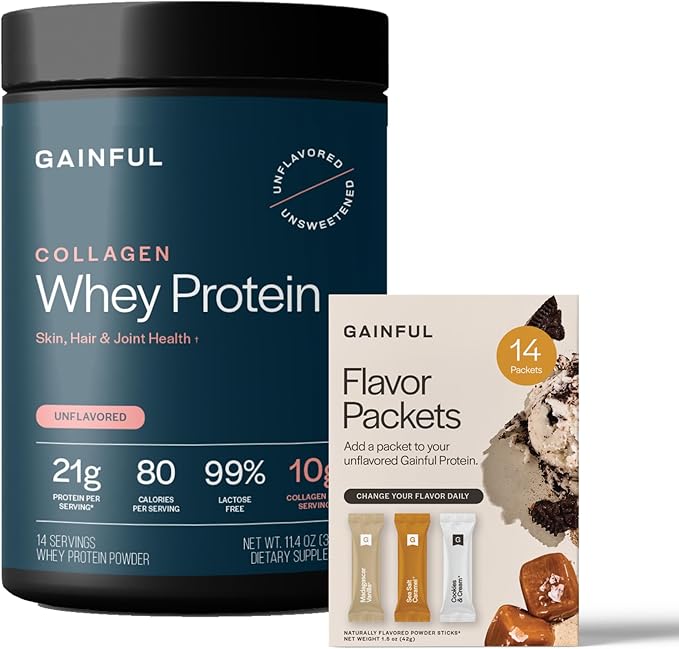 Gainful Collagen Whey Protein Powder &amp Sweet Treat Flavor Bundle 21g Protein Supports Muscle Recovery Joint Health &amp Skin Hydration with Grass-Fed Collagen Peptides 14 Servings + 14 Flavo