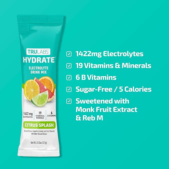 TRULABS Hydrate - Citrus Splash. Sugar Free Electrolytes Hydration Packets. Each Serving Contains 1422 mg of Electrolytes &amp19 Vitamins &amp Minerals (16 ct)