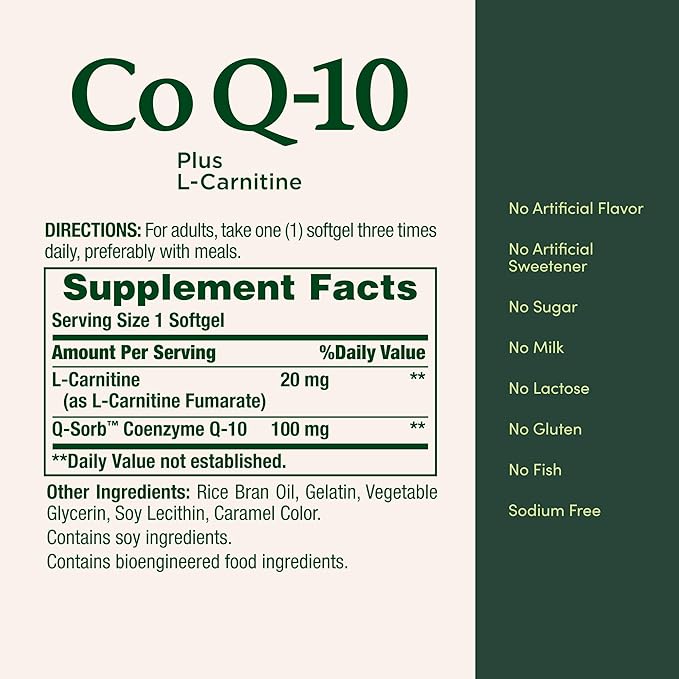 Nature's Bounty CoQ10 Supports Heart Health 100mg Plus L-Carnitine 60 Softgels (Pack of 3)
