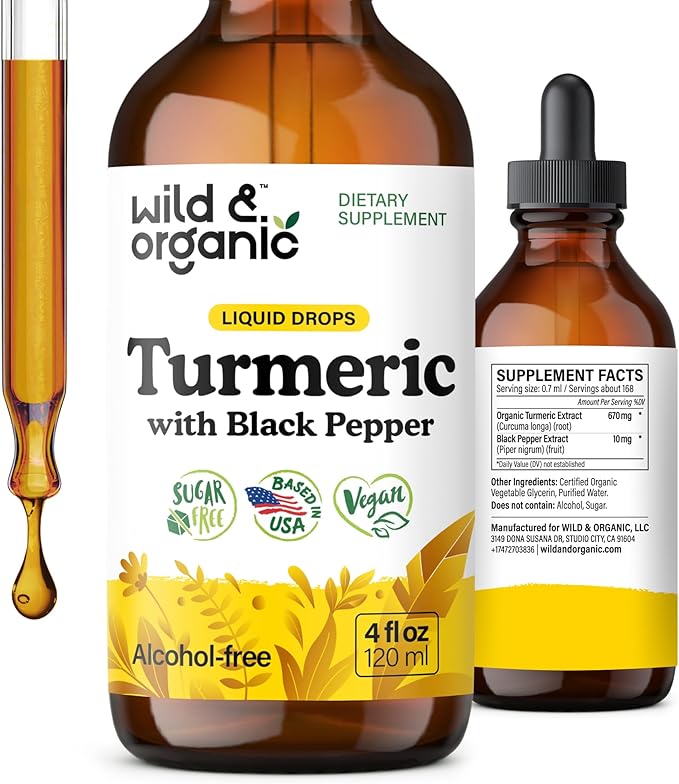Wild &amp Organic Turmeric Supplement Liquid Drops - Movement &amp Immune Support - Liquid Turmeric with Black Pepper Extract - Add to Tea Tincture - Curcumin Supplements - Sugar &amp Alcohol-Free