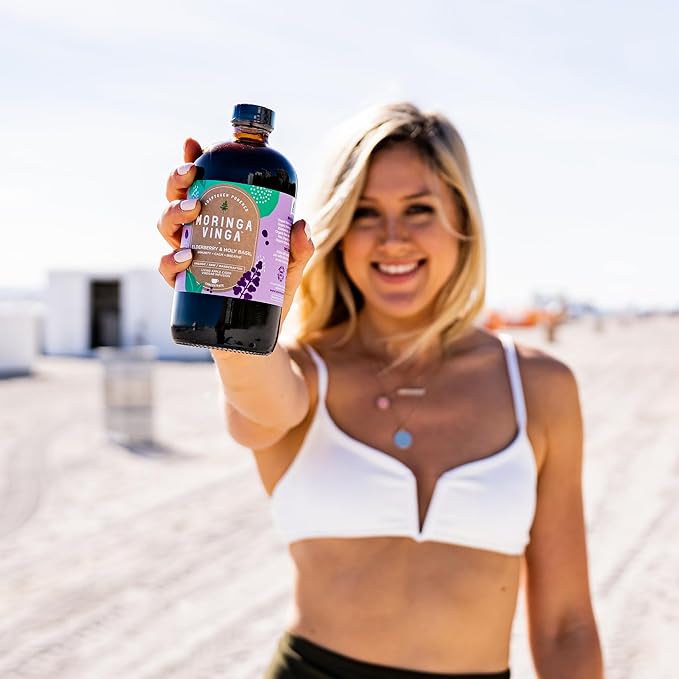 Elderberry &amp Holy Basil Moringa Infusion - Organic Immune Support Respiratory Wellness Stress Relief Herbal Tonic with Apple Cider Vinegar Ginger Hibiscus Honey - 100% Pure Non-GMO 8 oz