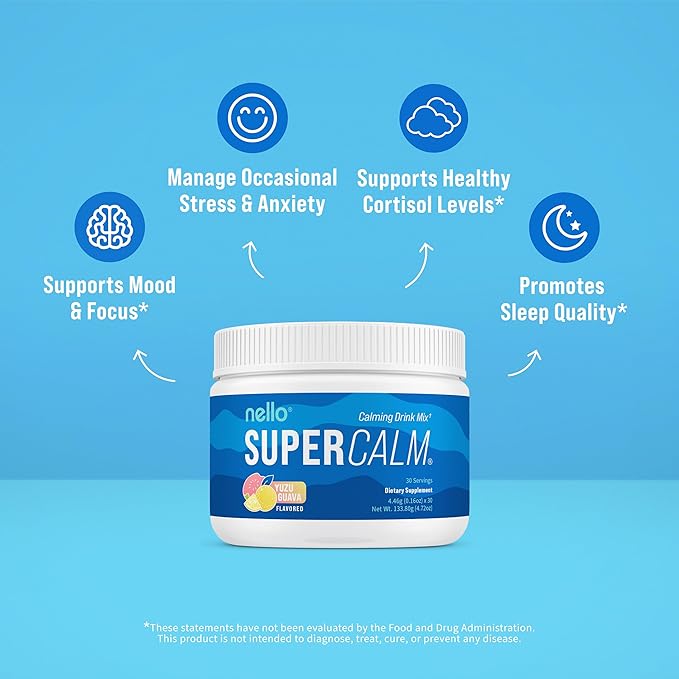 Nello Supercalm Powdered Drink Mix Yuzu Guava L Theanine Ksm-66 Ashwagandha Magnesium Glycinate Vitamin D 3 Supplements for Relaxation &amp Focus No Sugar Non GMO On The Go 30 Srvgs
