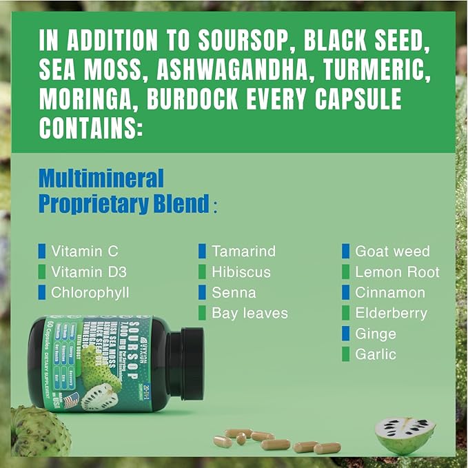 Soursop Graviola Supplement with Sea Moss Moringa Turmeric Black Seed Oil Oregano Ashwagandha | 20-in-One Herbal extracts for Overall Health-Enhancing | Vegan Non-GMO | 60 Capsules