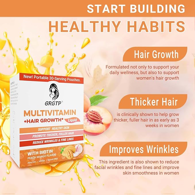 Liquid Multivitamin + Hair Growth | Biotin 10000mcg | Support Healthy SkinPromote ThickerFuller HairReduce Wrinkles &amp Fine Lines | 15.22 Fl Oz