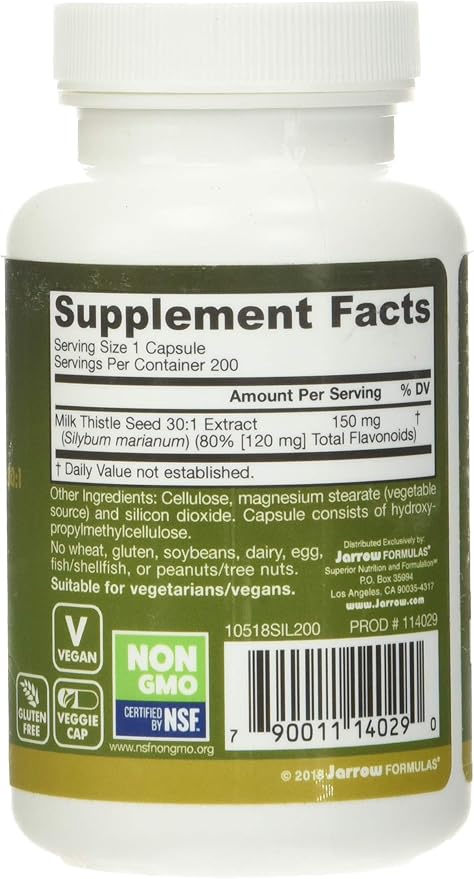 Jarrow Formulas Milk Thistle Supplement 150 mg 30:1 Milk Thistle Extract Standardized to 80% Total FlavonoidsDietary Supplement for Liver Function Support 200 Veggie Capsules for 200 Day(Pack of 2)