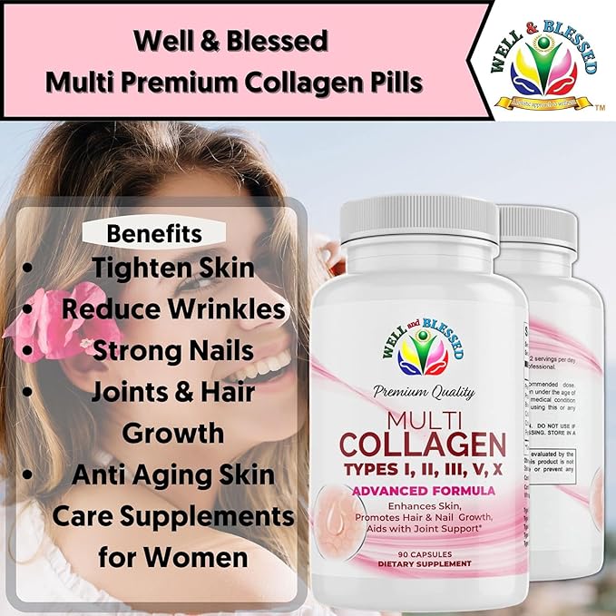 Multi Premium Collagen Supplements for Women with Vitamin C E -Tighten Skin Reduce Wrinkles Strong Nails Joints &amp Hair Growth - Anti Aging Skin Care Supplements for Women -90 Capsules