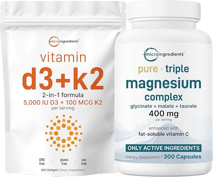 Micro Ingredients Vitamin D3 5000iu + K2 100mcg Softgels &amp Pure Triple Magnesium Complex 400mg Capsules | 2 Pack Bundle | Essential D &amp K Sunshine Vitamins | Glycinate Malate &amp Taurate