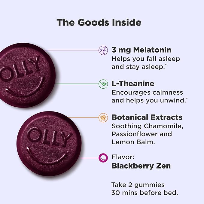 OLLY Sleep Gummy 3mg Melatonin 70ct Blackberry &amp Kids Sleep Gummy 0.5mg Melatonin 50ct Raspberry - L-Theanine Chamomile &amp Lemon Balm Supplement