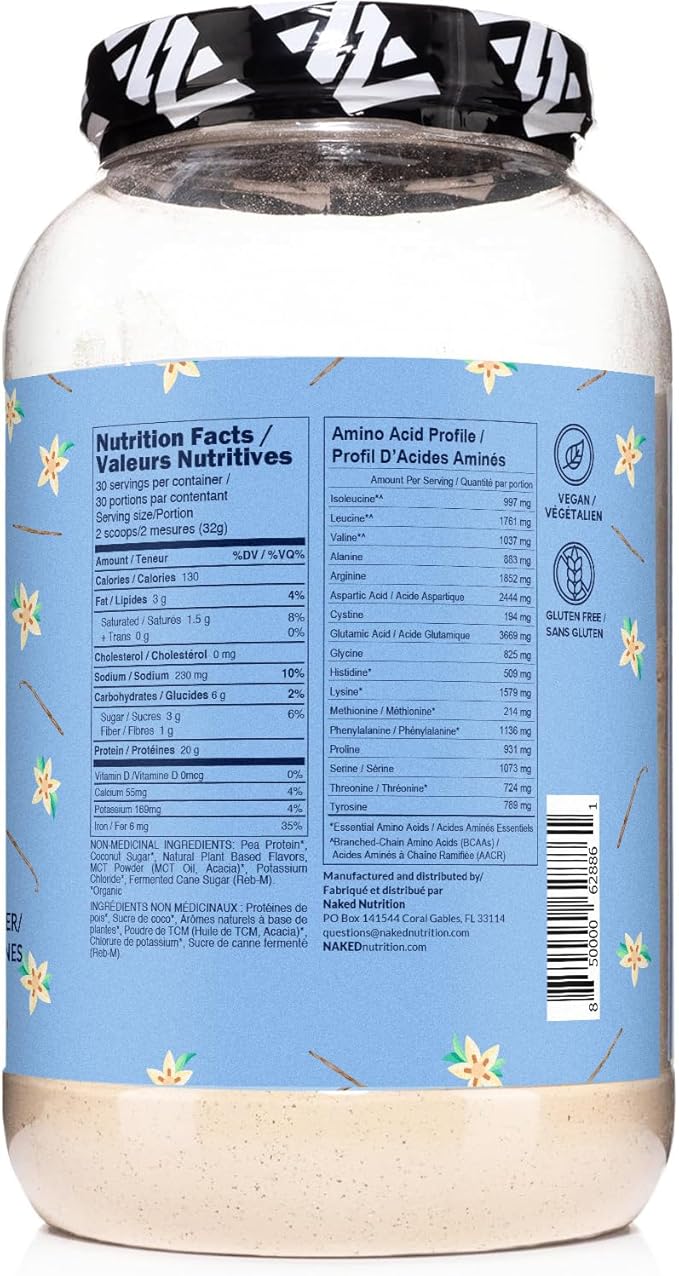 NAKED Shake - Vanilla Protein Powder - Plant Based Protein Shake with Mct Oil NSF Certified Gluten-Free Soy-Free No Gmos Or Artificial Sweeteners - 30 Servings