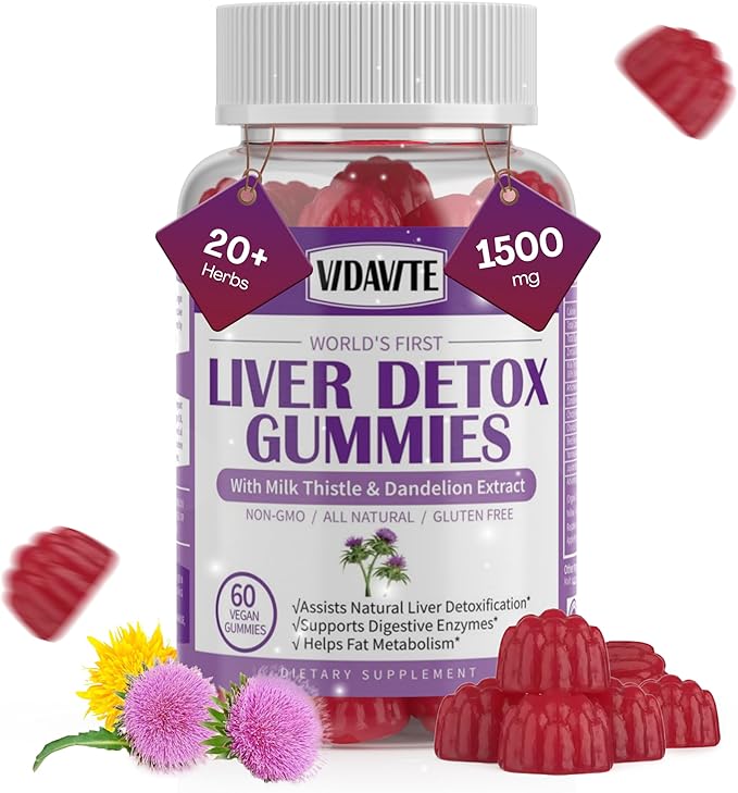 Liver Cleanse Detox &amp Repair Gummies — Sugar-free US-Made 1500mg Milk Thistle Supplement with Artichoke Dandelion and 20+ Herbs — Liver Support Supplement for Men &amp Women(60 Vegan Gummies)