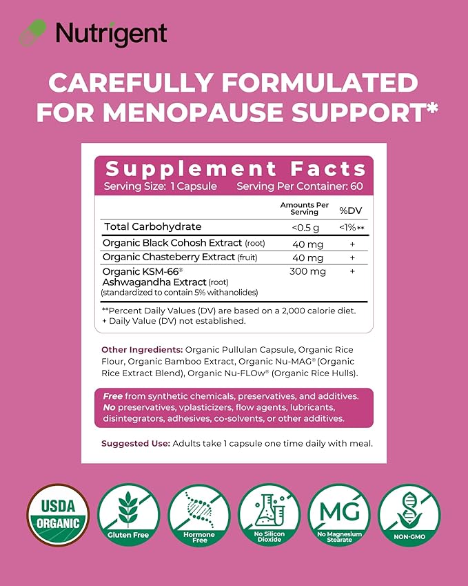 USDA Organic KSM-66 Ashwagandha Vitex Berry &amp Black Cohosh Menopause Support Supplement for Women Natural Relief for Hot Flashes Night Sweats &amp Mood Swings Hormone-Free (60 CT)