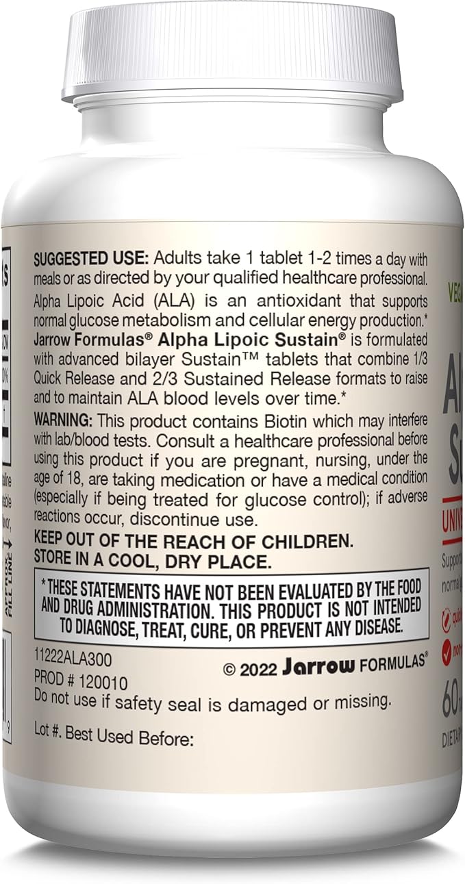 Jarrow Formulas Alpha Lipoic Sustain with Biotin 300 mg Alpha Lipoic Acid Universal Antioxidant Dietary Supplement 60 Vegan Tablets Up to a 60 Day Supply