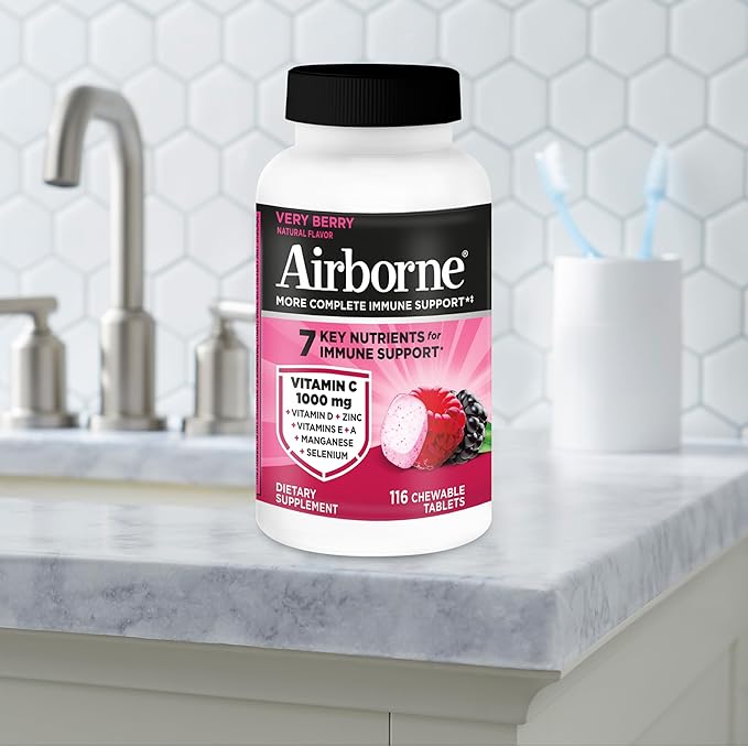 Airborne Vitamin C 1000mg (per Serving) - Very Berry Chewable Tablets (116 Count in a Bottle) Gluten-Free Immune Support Supplement with Vitamins A C E Zinc Selenium Ginger Antioxidants