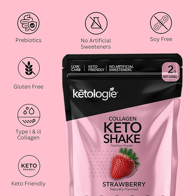 Keto Collagen Shake (Vanilla) - with Coconut Oil Prebiotics Grass Fed Hydrolyzed Collagen Peptides Type I &amp III Low Carb Gluten Free1.78lbs. (810g Strawberry)