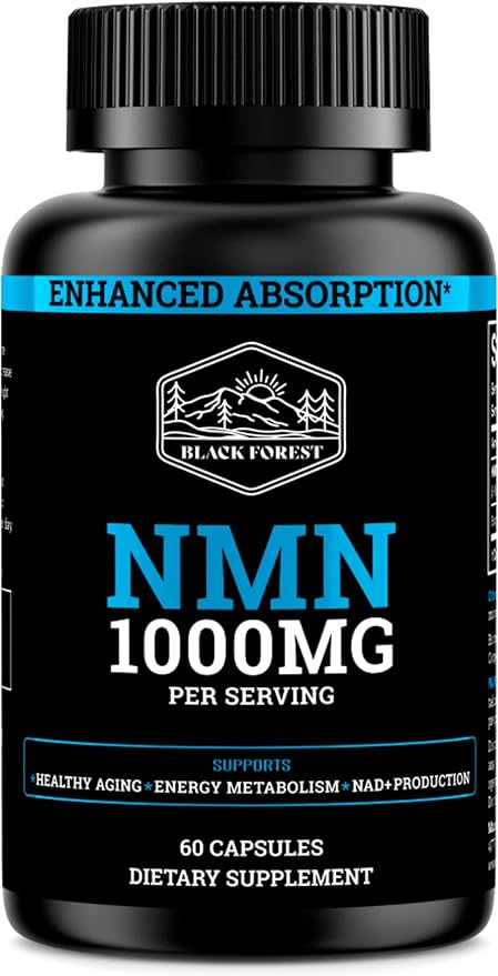 Black Forest NMN Supplements 1000mg (Nicotinamide Mononucleotide) 99% Pure Stabilized Form BioPerine® for Enhanced Bioavailability (60 Capsules) (NMN 1000mg per Serving) NAD Supplement for NAD