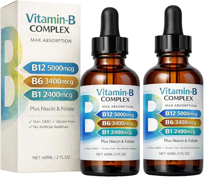 Vitamin B12 Complex Liquid Drops Sublingual B Complex with B12 B6 B1 Niacin &amp Folic Acid for Metabolic Health &amp Energy Support Vegan | Non-GMO | Gluten Free 60ml/2 fl oz 60 Servings (2p