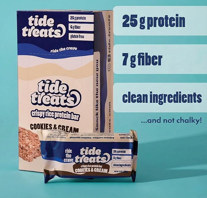 Crispy Rice Protein Bar Cookies And Cream | 25g Protein Low Sugar Clean Ingredients 7 g Fiber Gluten Free | High Protein Snack for On-the-Go Post-Workout or Dessert Cravings | 8 Count