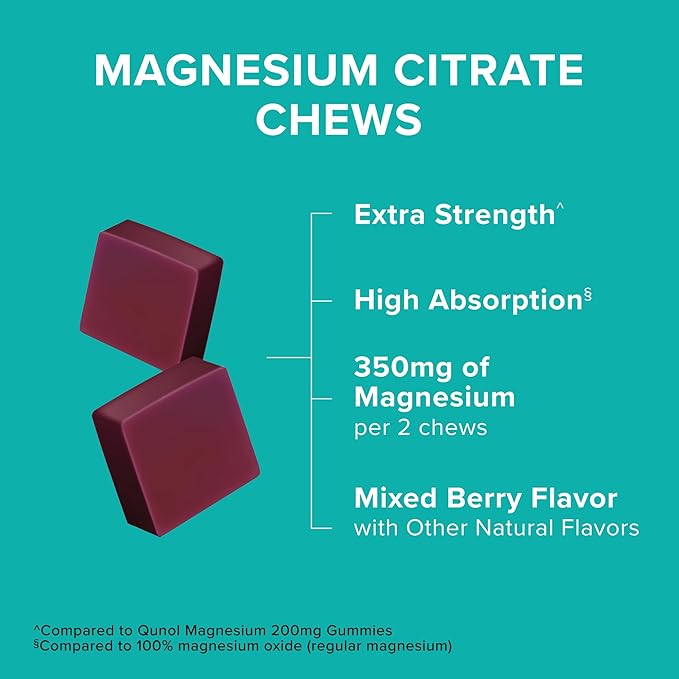 Qunol Magnesium Citrate Soft Chews 350mg Extra Strength Magnesium Supplement High Absorption to Support Nerve Bone and Muscle Health 90 Count (Pack of 2)