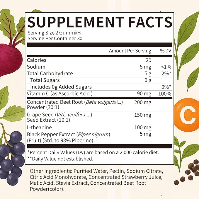 2 Pack Beet Root Gummies – Blood Pressure Support &amp Mood Support Super Nitric Oxide Beets Supplement with Grape Seed L-Theanine &amp Vitamin C Sugar-Free Vegan 30:1 Beet Root Extract 120 Che