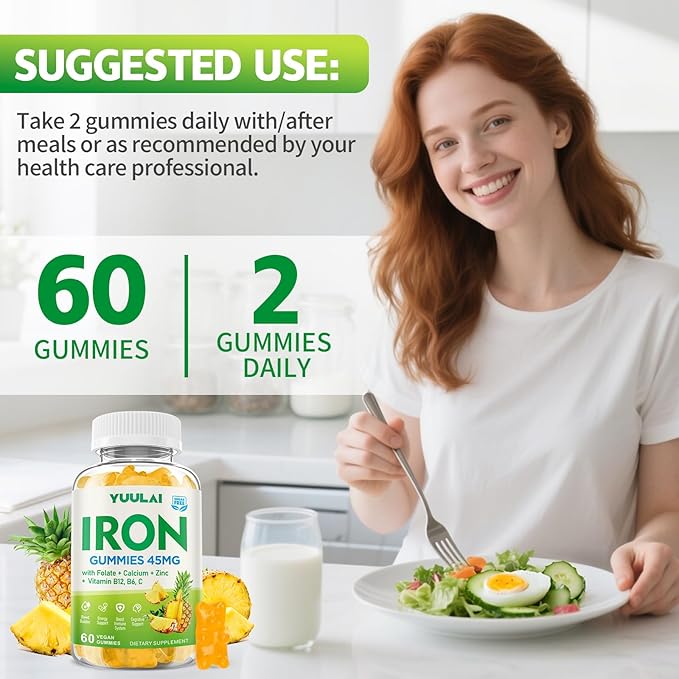 Pack of 2 Iron Gummies for Women &amp Men Iron Supplement Plus Calcium Zinc Folate &amp Vitamin B12 C B6 - Energy Support Immune Health Pineapple Flavor 120 Count