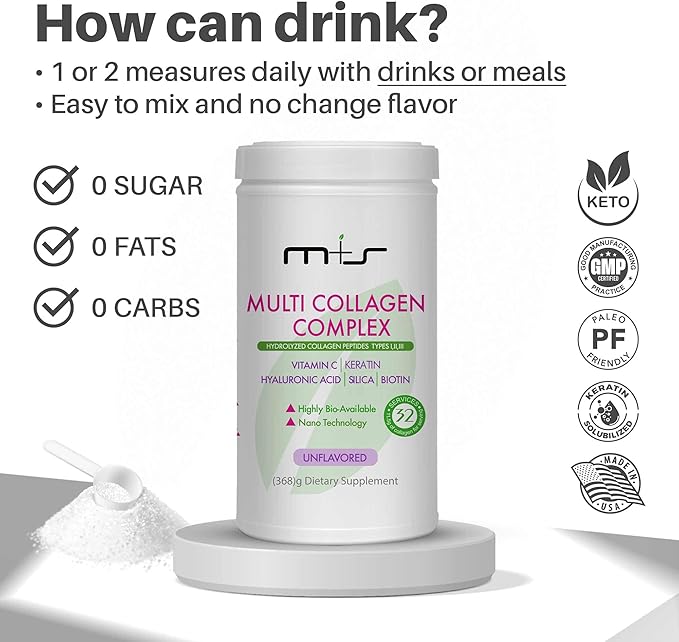 M+S Multi Collagen Complex – Hydrolyzed Collagen peptides Types I II III for Skin Hair Nails and Joints – with Vitamin C Hyaluronic Acid Keratin Biotin and Silica (Unflavored)