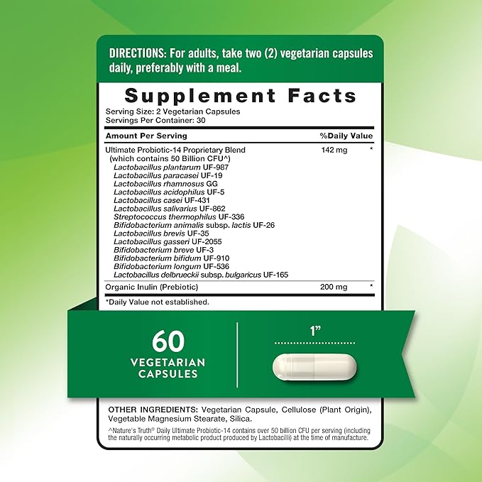 Nature's Truth Probiotic for Women and Men | 50 Billion CFU | 14 Probiotic Strains | 60 Capsules | Stomach Friendly | 200mg Prebiotics | Vegetarian Non-GMO &amp Gluten Free Supplement