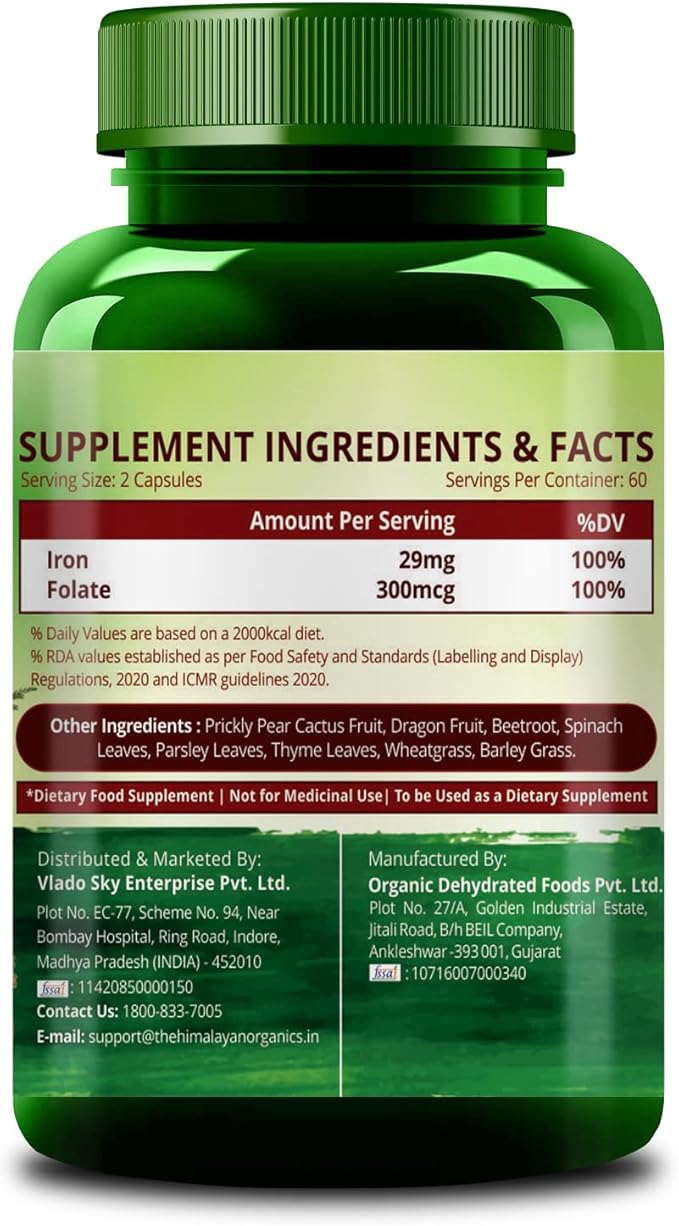 Himalayan Organics Plant Based Iron Supplement with Folate | Blood Builder | Whole Food | 120 Veg Capsules
