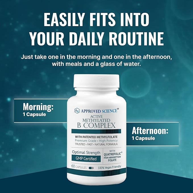 Approved Science Methylated B Complex – Full Bioactive Vitamin B Complex - Folate (5-MTHF) Methylated Vitamin B12 P5P – Methylation Support – Choline Betaine - 60 Capsules