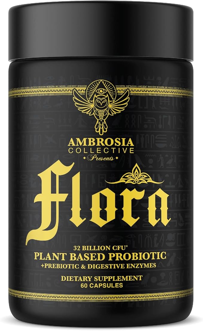 Ambrosia Flora Digestive Enzymes with Probiotics and Prebiotics Plant Based Gut Health Supplement 32 Billion CFU Vegan Probiotic for Digestive Health (30 Servings)
