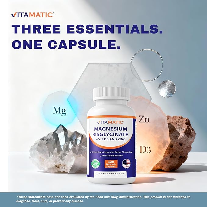 Vitamatic Magnesium (from Bisglycinate &amp Oxide) with Vitamin D3 &amp Zinc - 120 Veg Capsules - Supports Muscle Joint Nerve &amp Heart Health – Non-GMO Gluten-Free - 2 Pack