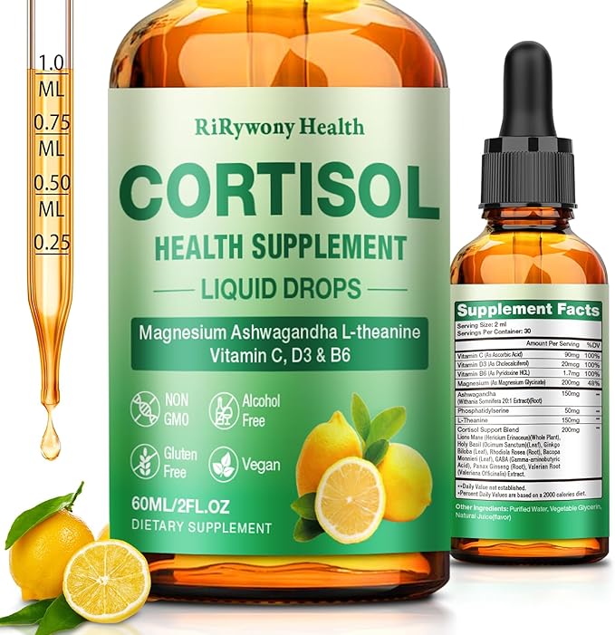 Cortisol Supplement for Women &amp Men - Cortisol Detox Reducer Magnesium Glycinate Ashwagandha L-Theanine Phosphatidylserine - Hormone Balance for Calm Mood Focus Sleep (2 FL.OZ Lemon)