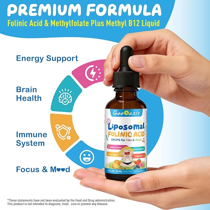 Liquid Folinic Acid &amp Methylfolate Drops for Kids Folic Acid Supplement with Methylated B12 for Women with Zinc Citrate Vitamin B6 &amp C Support for Brain Focus &amp Cellular Health MTHF