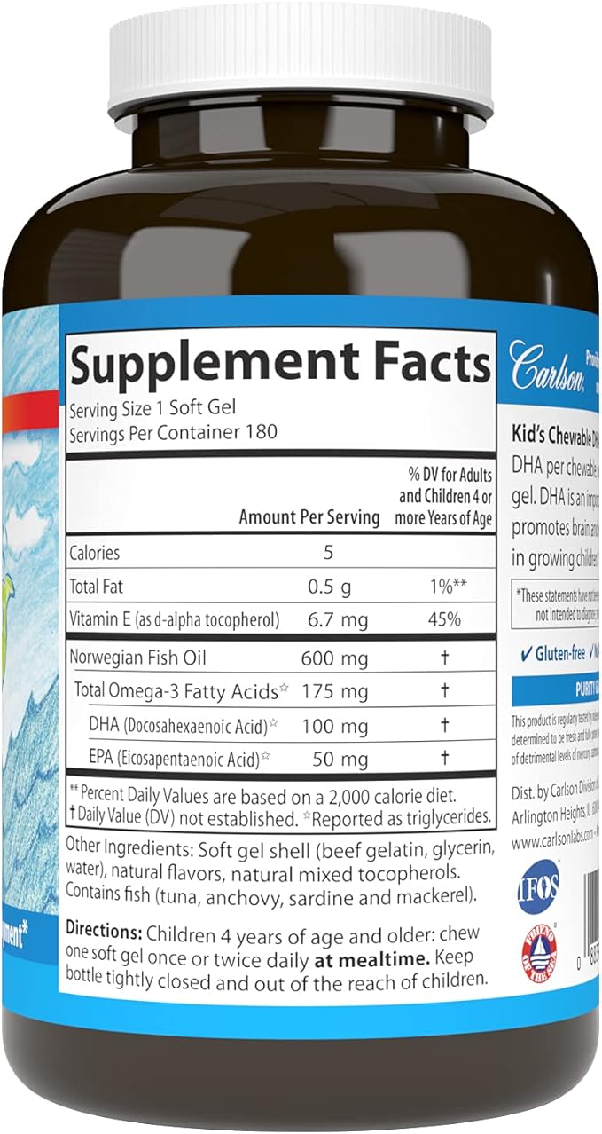 Carlson - Kid's Chewable DHA 100 mg DHA Brain Health Vision Function Growth &amp Development Orange 180 Chewable Softgels