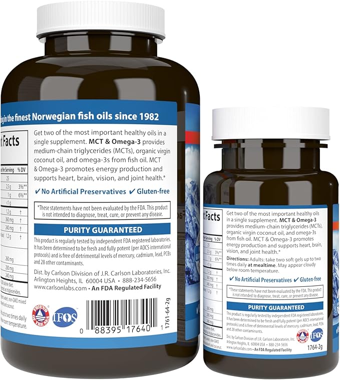 Carlson - MCT &amp Omega-3 Coconut Oil Caprylic &amp Capric Acids EPA &amp DHA Energy Production Fat Metabolism &amp Brain Health 120+30 Softgels