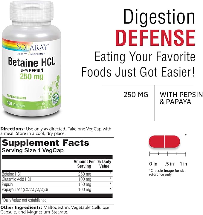 SOLARAY HCL with Pepsin - Digestive Support - 250 MG (180 Capsules)