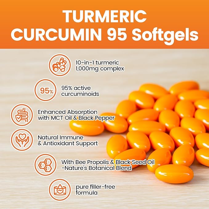 10-in-1 Turmeric Supplement Softgels 95% Curcumin for 1000mg Made Mct Oil 60-Day Supply with Black Pepper Ginger Propolis Powder Black Seed Oil Saw Palmetto Oil Zinc Vitamin D3 E More 2 Bag