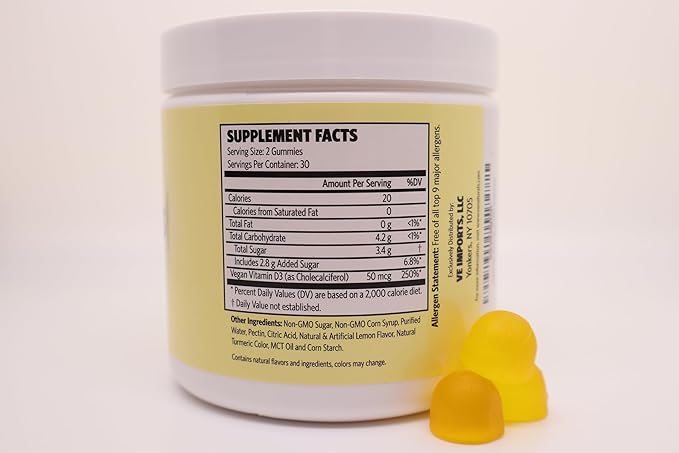 Certified Vegan Vitamin D3 Gummies – 1000 IU per Gummy | Lemon Flavor | Plant-Based &amp Limited-Ingredient | Non-GMO Gluten-Free Soy-Free | Immune &amp Bone Health Support for Adults Seniors &a