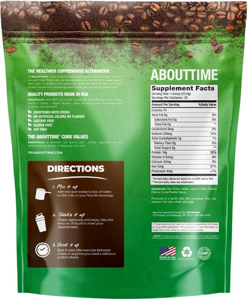About Time Coffee + Vegan Protein (Non-GMO All Natural Lactose/Gluten Free 16g of Protein Per Serving) – 1.03lb Coffee Mochaccino