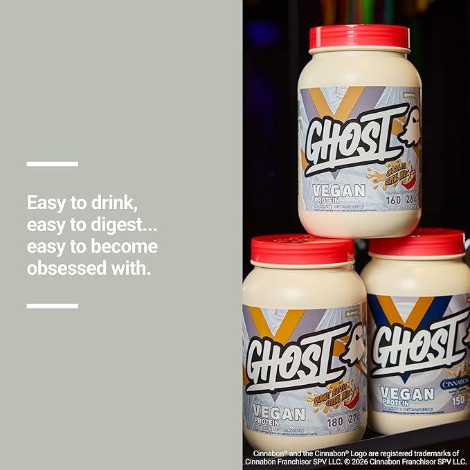 GHOST Vegan V2 Protein Powder Chocolate Cereal Milk - 2LB Tub 26G of Protein - Plant-Based Pea &amp Organic Pumpkin Blend Protein with Fiber &amp Iron - Flavored Post Workout Shakes - Soy &amp Gl