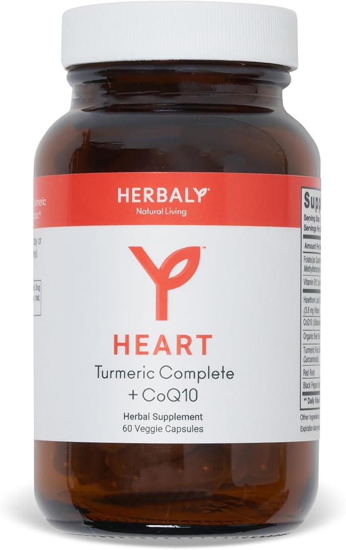 HERBALY Turmeric Complete Plus CoQ10 Capsules - Heart &amp Cardiovascular Support - CoQ10 Beet Extract Folate B12 Turmeric Red Root Hawthorn - Pure Organic Ingredients for Wellness - 60 ct