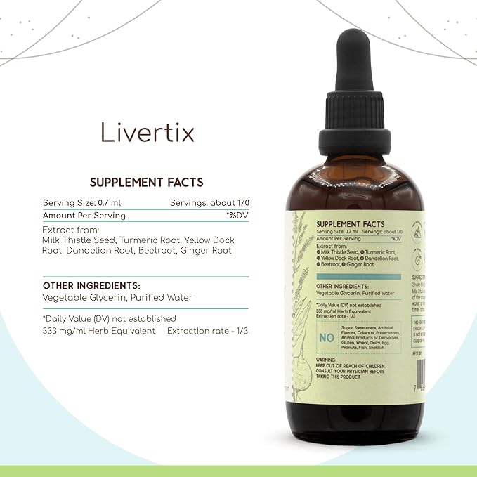 HerbEra Livertix B120 Alcohol-FREE Extract Tincture Concentrated Liquid Drops Natural: Milk Thistle Seed Turmeric Root Yellow Dock Root Dandelion Root Beetroot Ginger Root. Liver Support 4 Fl Oz