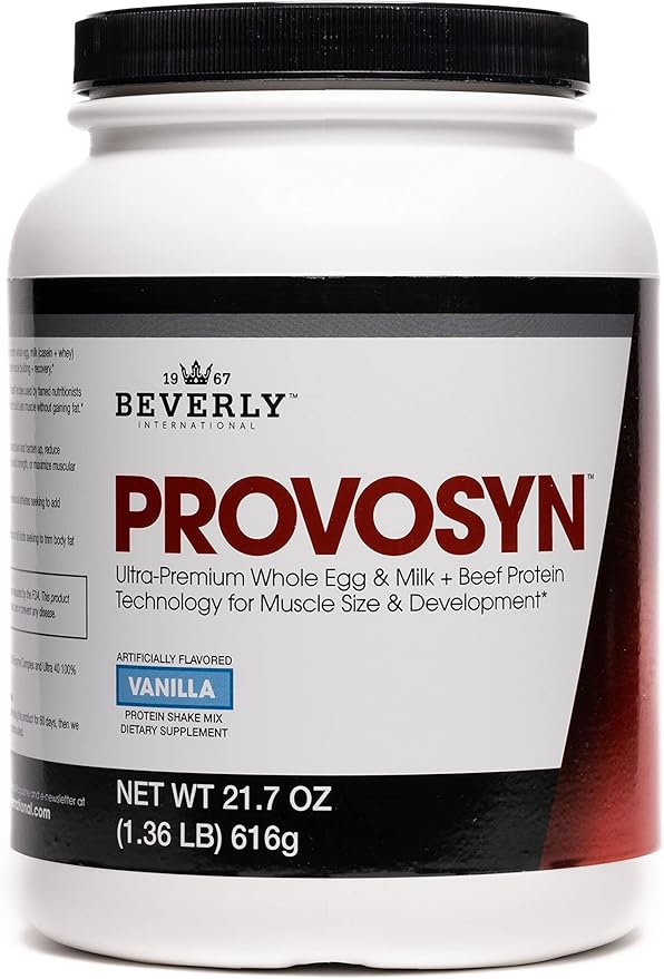 PROVOSYN. The Original Ultra-Premium Whole Egg Milk (Casein + Whey) and Beef Protein Powder. Fast Muscle Building + Recovery. Perfect for Hard Gainers. Vanilla Flavor 616 g The Mature Users Protein.
