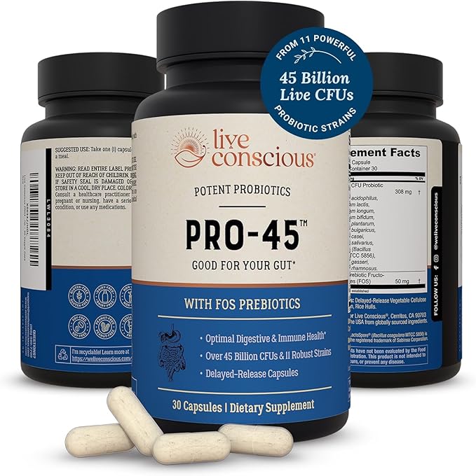Live Conscious PRO45: Probiotic Formula 45 Billion CFU 11 Comprehensive strains. Dairy Free. Delayed Release Veggie caps. Promotes Immune and Digestive Health. 60 Capsules (2-Pack)