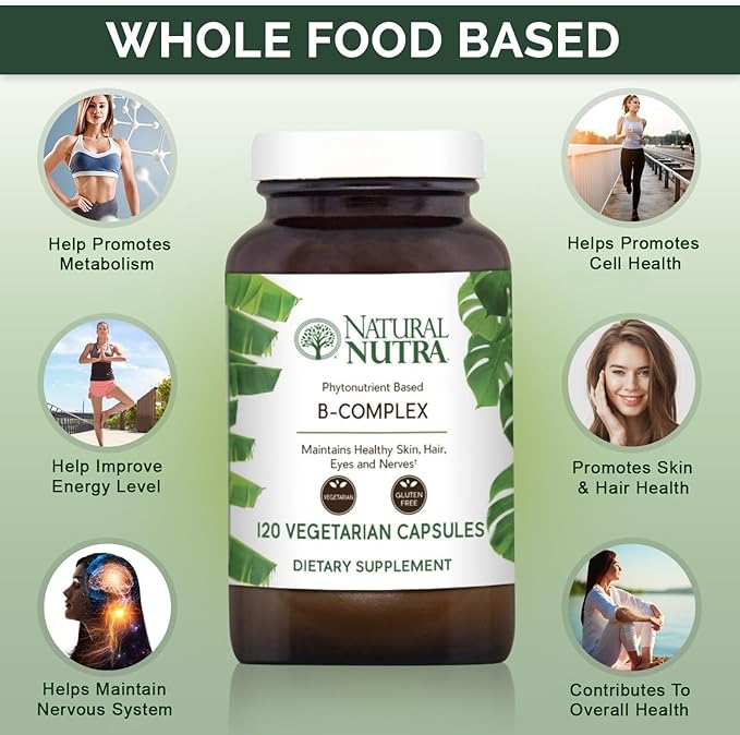 Natural Nutra Vitamin B Complex with Niacin Folate Thiamin Biotin Supports Nervous System Health Promotes Metabolism Skin Eyes and Hair Health Whole Food Supplement 120 Vegetarian Capsules