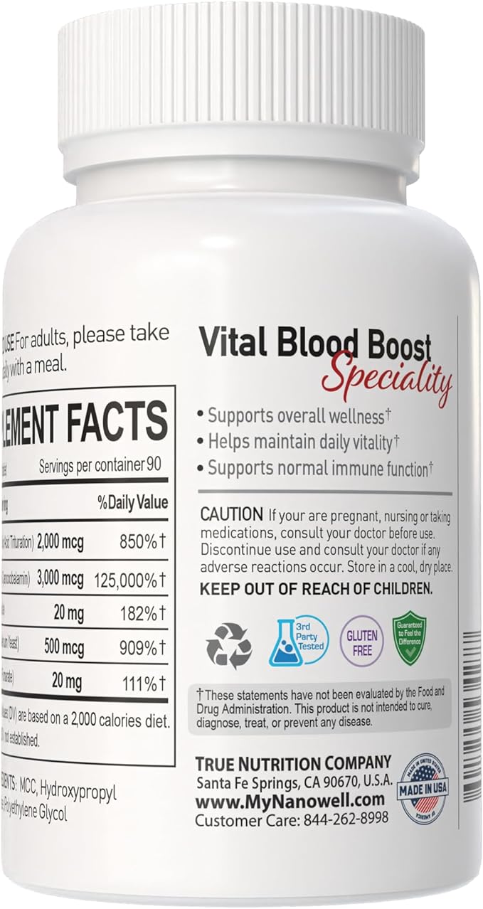 Vital Blood Boost - Dietary Supplement for White and Red Blood Cell Support - Iron with Selenium Zinc Vitamin B12 &amp Folic Acid - 90 Tablets x 3 Bottles 270 Day Supply