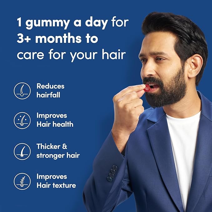 Man Matters Biotin Hair Gummies for Men | Keeps Hair Healthy and Strong | Strawberry Flavoured | Vitamin A Vitamin C Vitamin E &amp Zinc | 100% Vegetarian | 60 Days Pack
