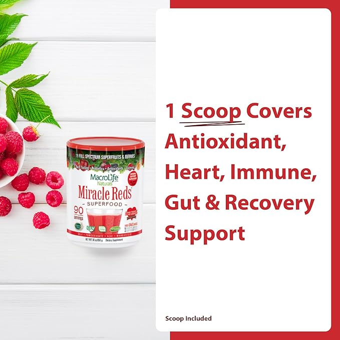 MacroLife Naturals Miracle Reds Superfood Powder 19 Blended Fruit &amp Berry Polyphenols Enzymes Probiotics &amp Antioxidants Supplement - Raw Non-GMO &amp Vegan Whole Food Vitamins - 30oz (90 Serv
