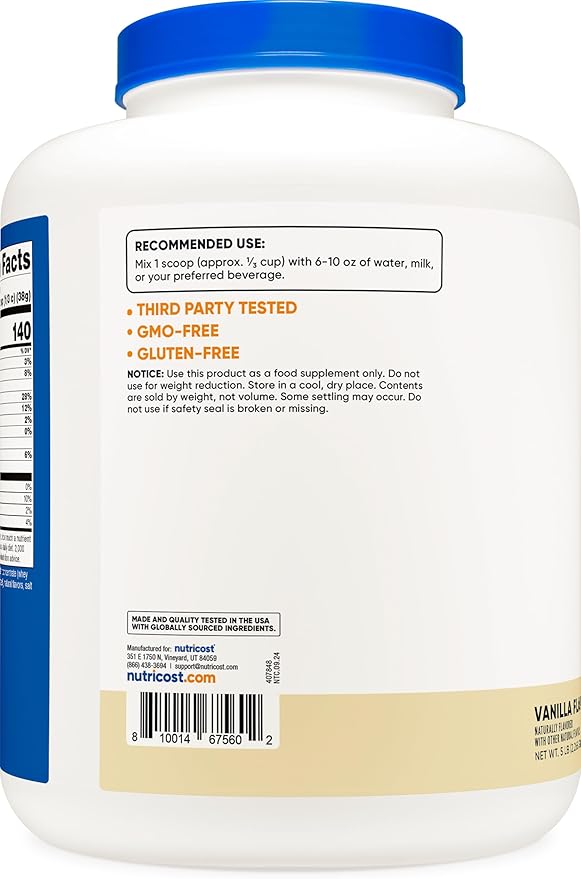 Nutricost Grass-Fed Whey Protein Concentrate (Vanilla) 5LBS - Undenatured Non-GMO Gluten Free Natural Flavors