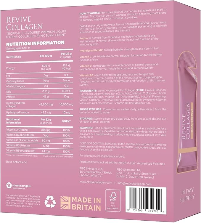 Revive Collagen Enhanced Plus Premium Liquid Marine Collagen Drink Supplement – 22 Fluid Ounces Tropical Flavor 10000mg of Collagen per Shot 14 Servings Liquid Collagen for Women and Men