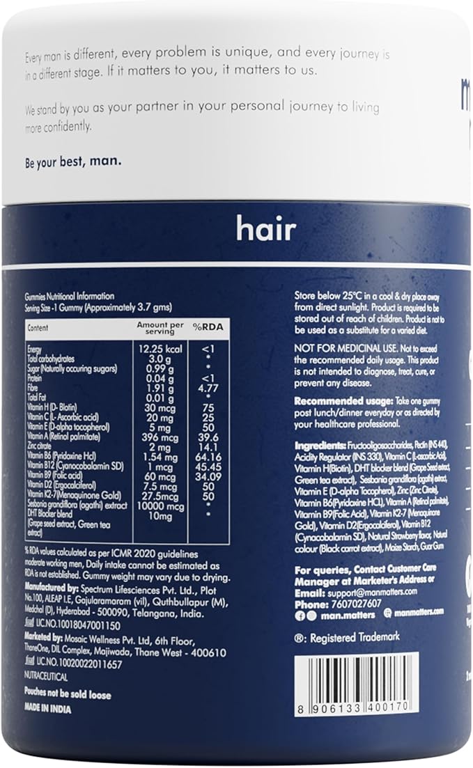 Man Matters Biotin Hair Gummy for Healthy Hair | No Sugar Added | Biotin Gummies with Hair Vitamins | Vitamin A Vitamin C Vitamin E &amp Zinc | 60 Gummies